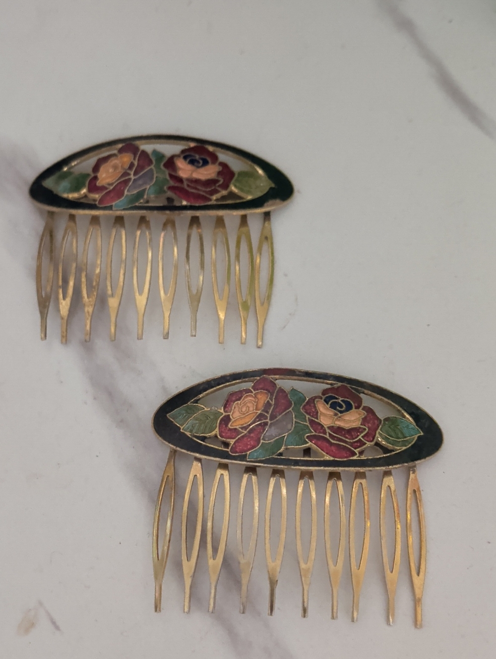 Vintage Pair Of Cloisonné Enamel floral hair combs